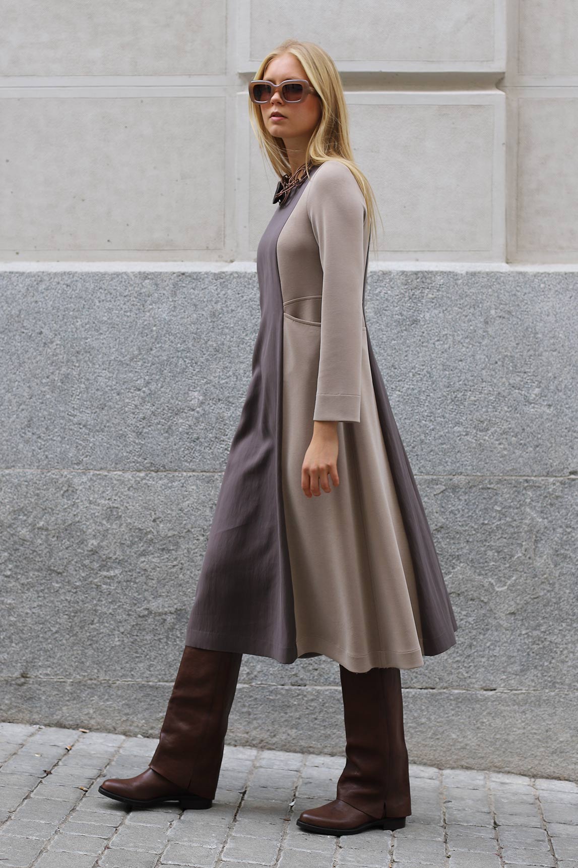 VESTIDO LILO BICOLOR CRUDO Y TOPO